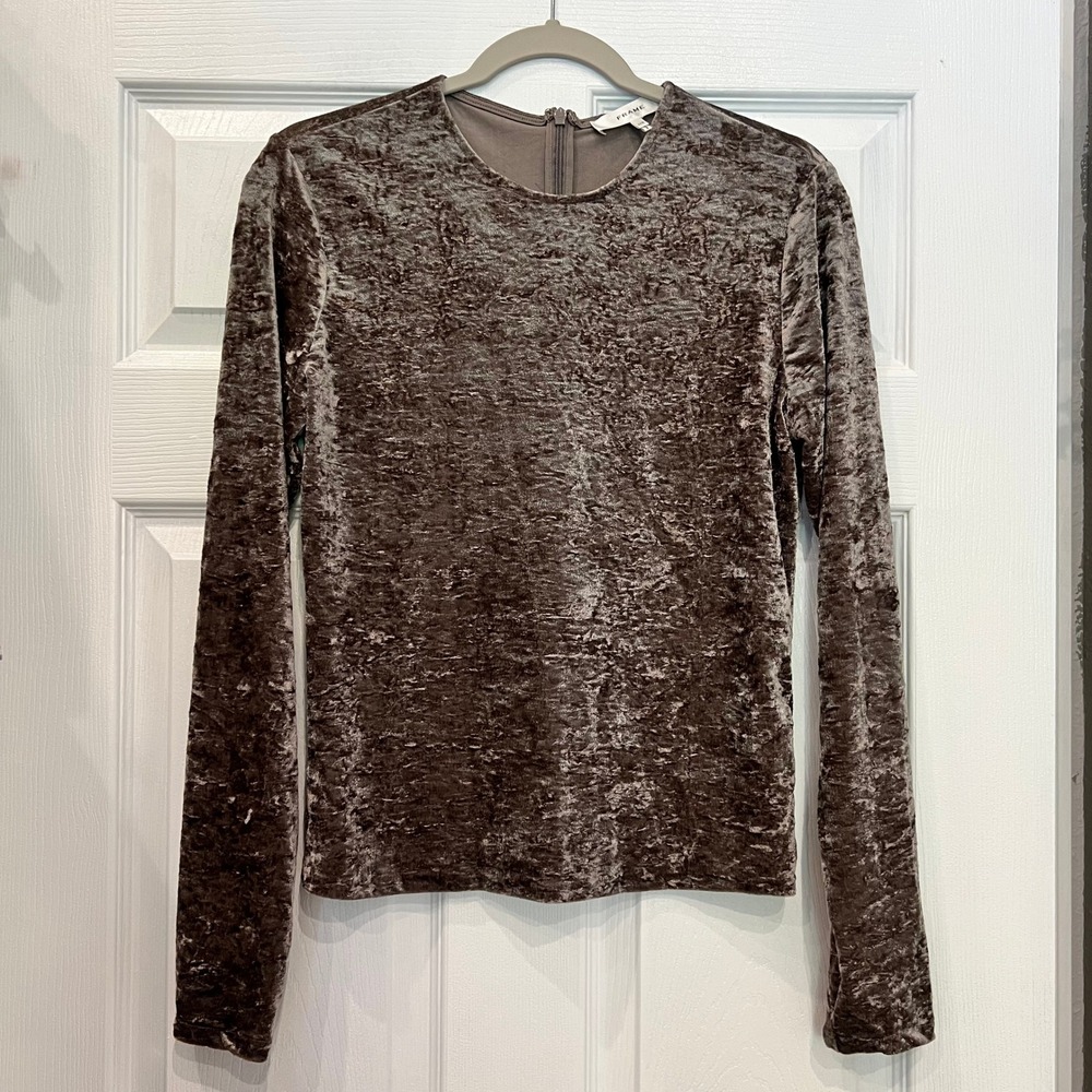 FRAME Long Sleeve Top Polyamide Crushed Velvet Dusk Taupe Quiet Luxury Holiday
